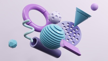 Abstract geometric shapes in different colors - 3d render. Set, composition in bright and pastel colors from objects, figures, primitives. Minimal banner, background for presentation and advertising. 