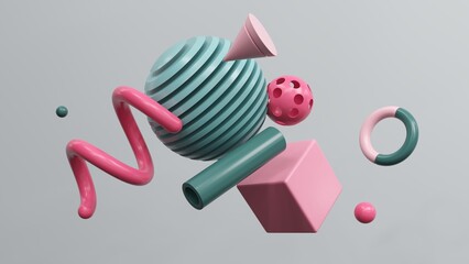 Abstract geometric shapes in different colors - 3d render. Set, composition in bright and pastel colors from objects, figures, primitives. Minimal banner, background for presentation and advertising. 
