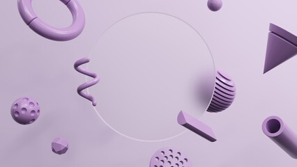 Abstract geometric shapes in different colors - 3d render. Set, composition in bright and pastel colors from objects, figures, primitives. Minimal banner, background for presentation and advertising. 