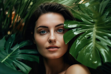 Beautiful brunette woman without make-up in tropical leaves. Beauty portrait with palm and monstera leaves. Photorealistic illustration generative AI.