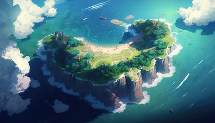 Fototapeta na wymiar an anime illustration of an unknown beach in the ocean, generative ai technolgy