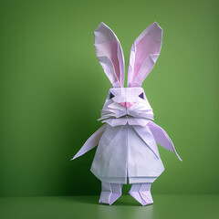 White rabbit and green grass from origami paper isolated on green background. Easter day paper origami. generative AI	