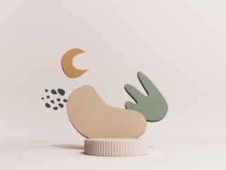 3d render of podium, showcase, display in boho style. Advertising stand with abstract shapes and palm leaves. Pastel minimal background for the presentation of cosmetics, products.	
