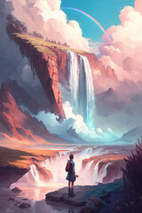 a brave person is standing lonely at a peaceful surreal waterfall place, generative ai technolgy