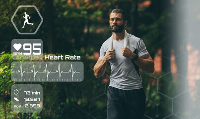Man running in the park. Healthy runner with smart fit watch. Technology, training, health concept.