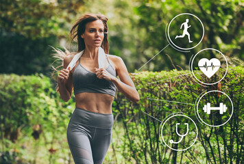 Girl running in the park. Healthy runner with smart fit watch. Technology, training, health concept.