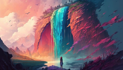 an impressive waterfall coming down a hill, colored, generative ai technolgy