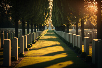 Tombstones on graves in an American cemetery. Generative AI