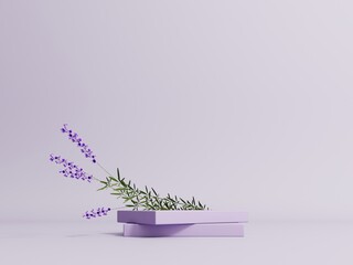 Podium, stand, display with lavender flowers on pastel purple background. Showcase, Mock up for the exhibitions, presentation of products, therapy, relaxation and health -3d render.