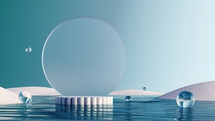 3d render of surreal landscape with round podium in the water and white sand. Podium, display on the background of abstract glass shapes and objects. Fantasy world, futuristic fantasy image.
