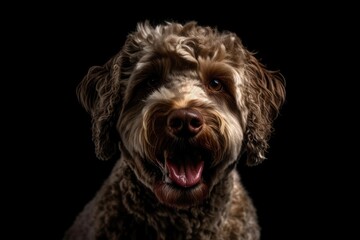 Portrait of a cute lagotto with a hanging tongue looking at the camera. Generative AI