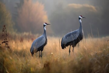 Two Common Cranes (Grus grus) walking through lush fields in Germany. Generative AI