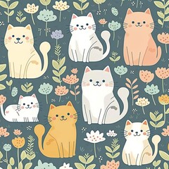 Repeat.Seamless pattern of cute colorful cat cartoon.Happy meow.Animals character design.Image for card,poster,baby clothing.Kawaii.Vector.Illustration. High quality illustration