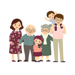 Vector illustration cartoon of a happy family. Mother, father, grandparents, and children with a cat. Vector people.
