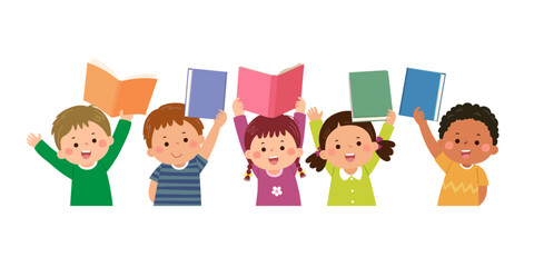 Vector cartoon children showing books over their heads - 582690581