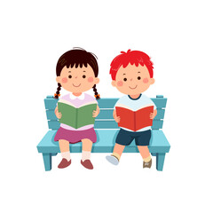 Vector cartoon boy and girl reading books on the bench - 582690587