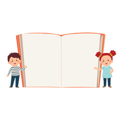 Vector cartoon boy and girl with empty opened book background