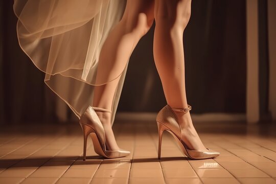 Frauenbeine in goldfarbenen High Heels