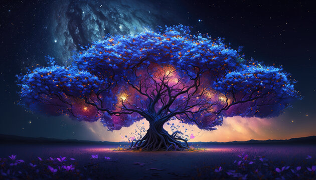 a blue cherry tree mixed with the galaxy theme, generative ai technolgy