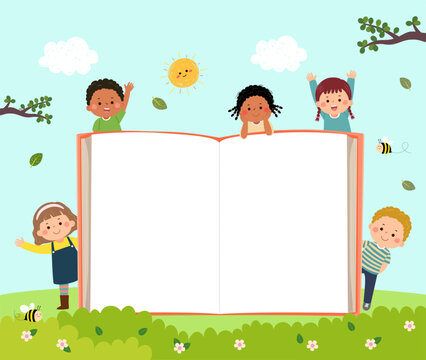 Vector cartoon kids with open book background on the park