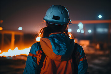 Female firefighter assessing emergency response at power plant, generative model