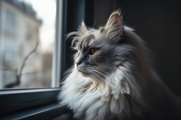 Lovely fluffy cat lying on the windowsill. Generative AI