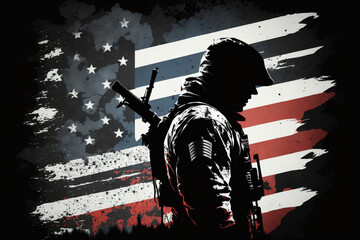 Silhouette of a soldier on the background of the American flag. Generative AI