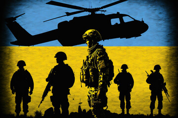 Fototapeta na wymiar Silhouettes of the Ukrainian military against the background of the colors of the Ukrainian flag. Generative AI