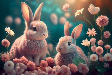 Happy easter.  Adorable bunny  in flower meadow pastel colored. Generative AI.
