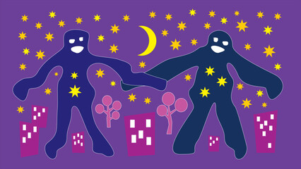 Ghosts of the night in the city. Cartoon fantasy humorous drawing. Halloween. Vector graphics.