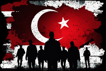 Silhouettes of people on the background of the national Turkish flag. Generative AI