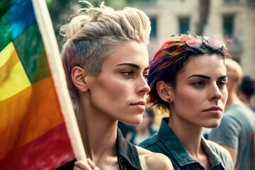 Two girls proudly waving rainbow flags at the LGBT Pride Parade. Young couple showing their support for love, inclusivity, and acceptance. Standing together for equality. Generative AI.