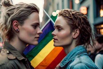Two lesbian girls proudly at LGBT Pride Parade. Young couple showing their support for love, inclusivity, and acceptance. Standing together for equality representing diverse community. Generative AI.