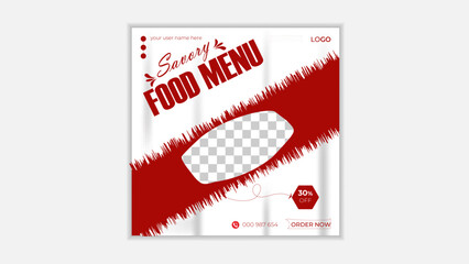 Savory food menu social media post  and instagram post design vector template, square size, abstract background, red and white color, easy to use and edit.