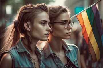 Two teenage girls in a sea of people at LGBT pride parade, standing firm and proud while looking out at diverse crowd. Young women radiate strength together for love and inclusivity. Generative AI.