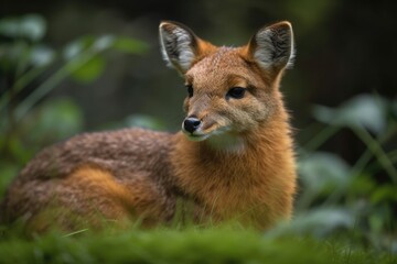 Obraz premium A adorable Chinese Water Deer (Hydropotes inermis) lies down in the lush grass to relax. Generative AI