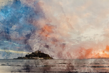 Digital watercolour painting of Lovely landscape image of St Michael's Mount in Cornwall England during soft pastel color sunset evening