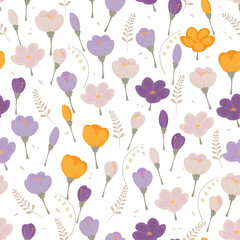 seamless pattern of flowers spring crocuses on a light background for wallpaper, fabric, packaging