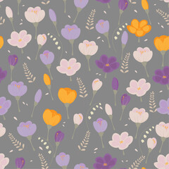 Fototapeta na wymiar seamless pattern of spring crocus flowers on a dark background for wallpaper, fabric, packaging