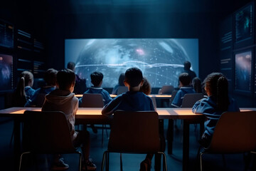 kindergarten, class, tech, classroom, futuristic, kids .AI generated