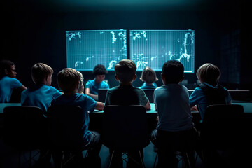 kindergarten, class, tech, classroom, futuristic, kids.AI generated