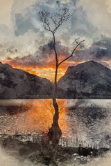 Fototapeta premium Digital watercolour painting of Beautiful moody Winter landscape sunrise at Buttermere in Lake District in England with dramatic sky