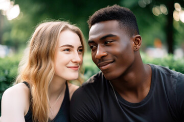 Fototapeta premium young multi-ethnic couple having fun together at the park. AI generated