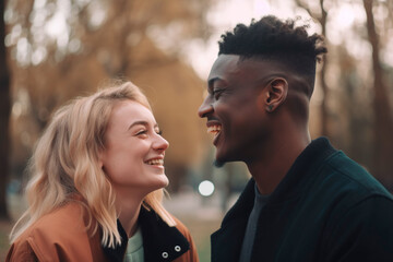 Fototapeta premium young multi-ethnic couple having fun together at the park.AI generated