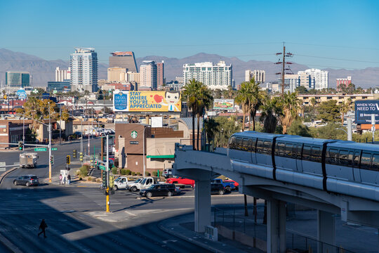 Las Vegas, United States - November 22, 2022: A picture of the Las Vegas Monorail at the East Sahara Avenue.