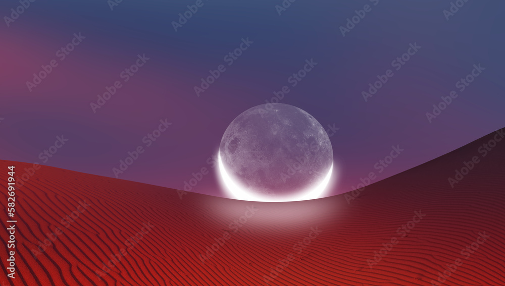 Poster dusk sky with crescent moon in the clouds on the foreground hot desert (sand dune) 