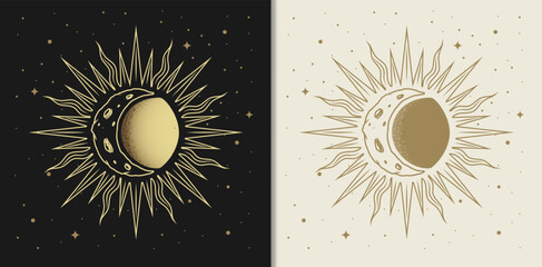 Moon and Sun Embrace A Luxurious Symbolic illustration - obrazy, fototapety, plakaty