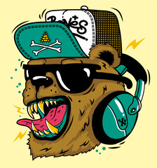 Cool Bear with Headphones and Glasses In a Cap Colorful Vector Illustration