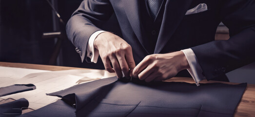 A men's suit tailor, making adjustments to a new suit. Well dressed gentleman, of a custom tailored suit shop. bespoke formal clothing. Generative AI. 