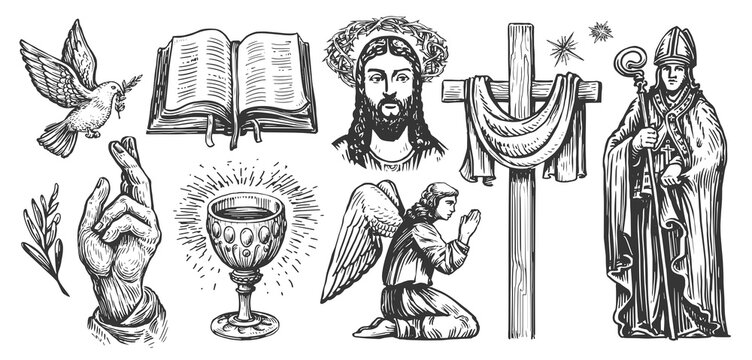 Faith in God concept, sketch. Collection of religious illustrations in vintage engraving style